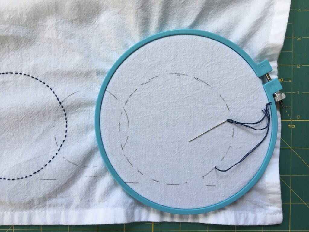 Soap Bubble Dish Towel with Embroidery Hoop Partially Finished